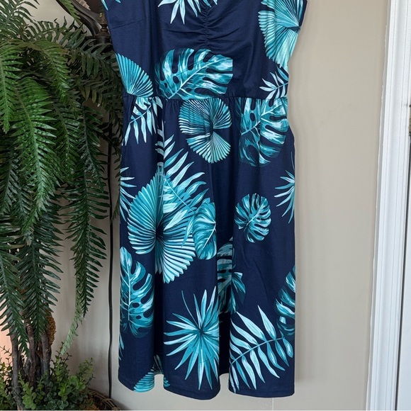 Tropical Palm Print Navy Teal Spaghetti Strap Sundress w/ Pockets Casual Dress - Picture 5 of 16